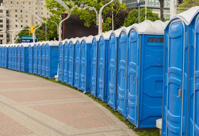 a row of portable restrooms for a special event, ensuring guests have access to clean facilities in Atlantic City NJ